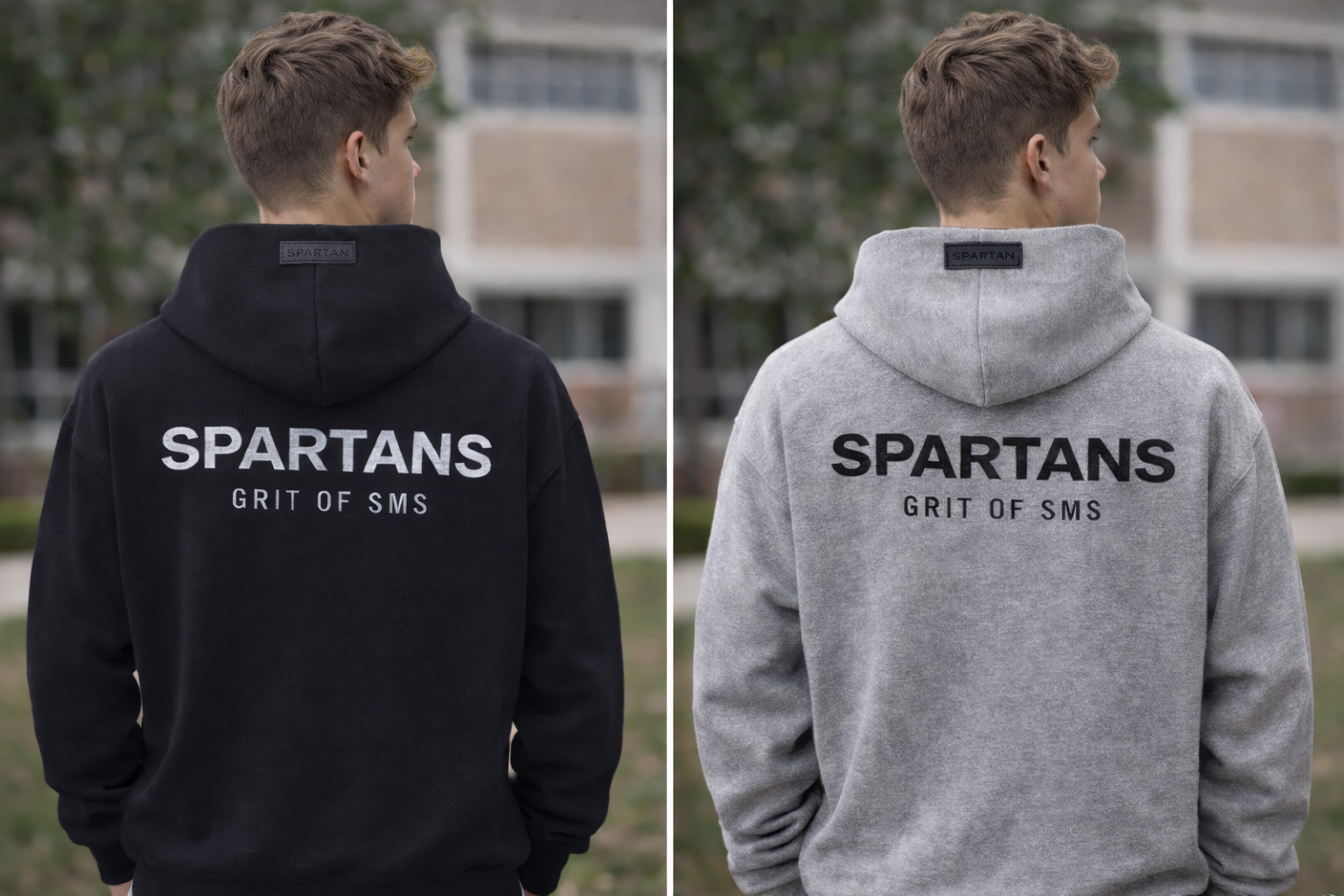 Two hoodies, one black and one gray, with 'SPARTANS' text on the back worn by a person outdoors.