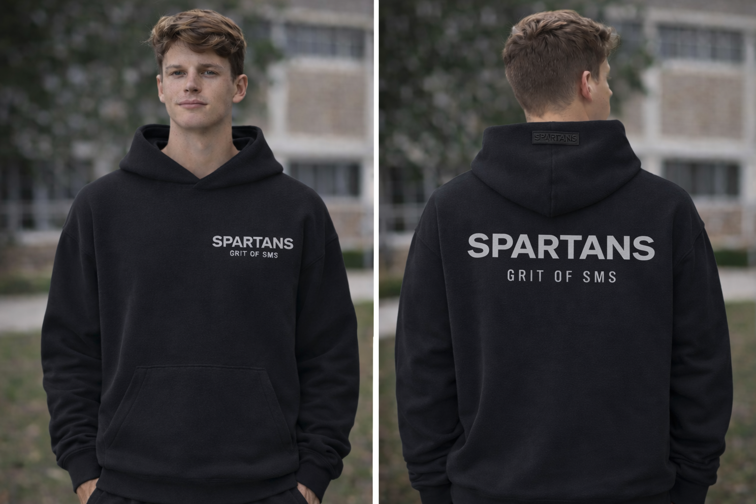 Person wearing a black hoodie with 'SPARTANS Grit of SMS' text on front and back.